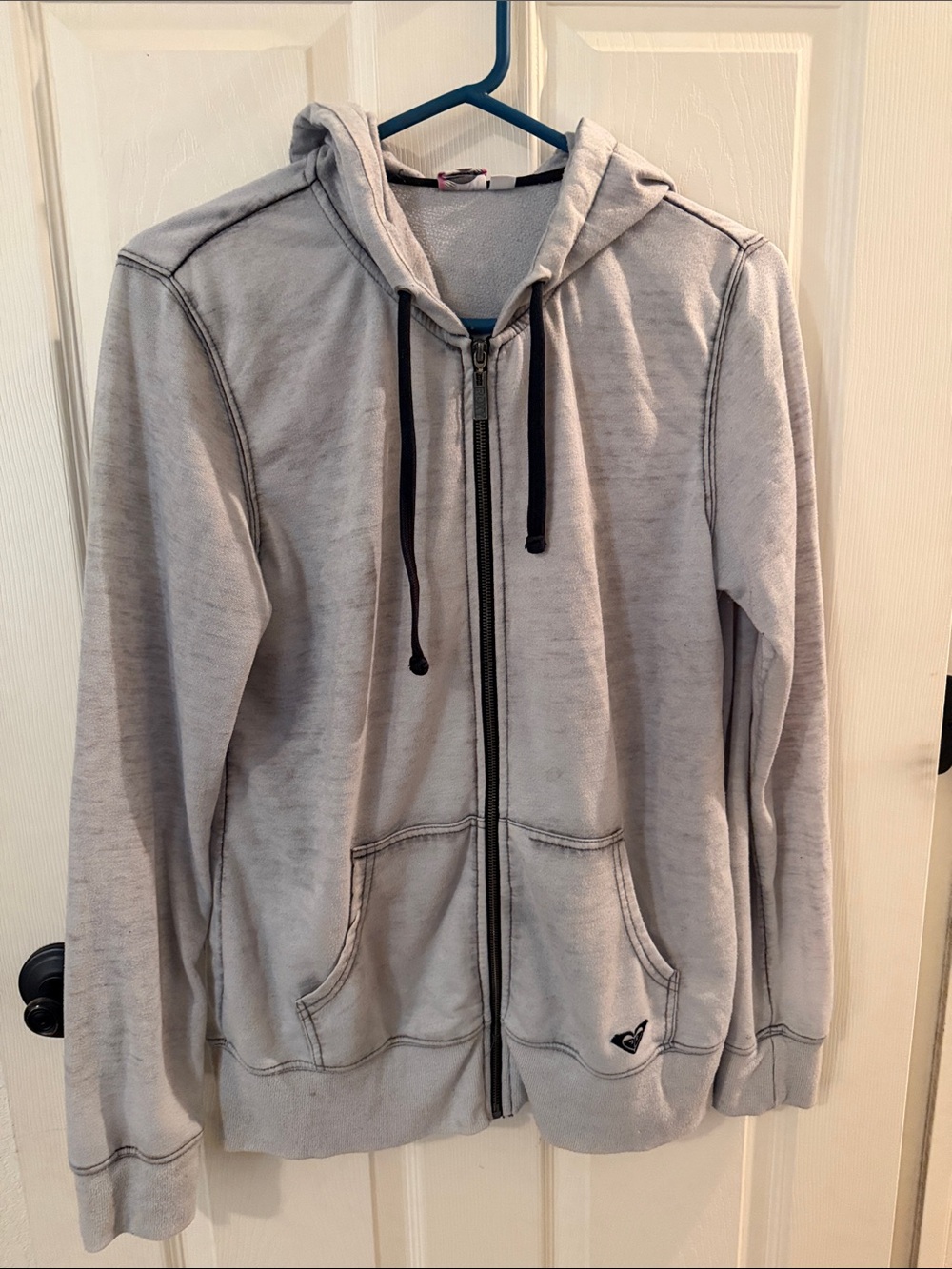 Good condition Y2K Roxy Light Gray Full-Zip Hoodie with Drawstring